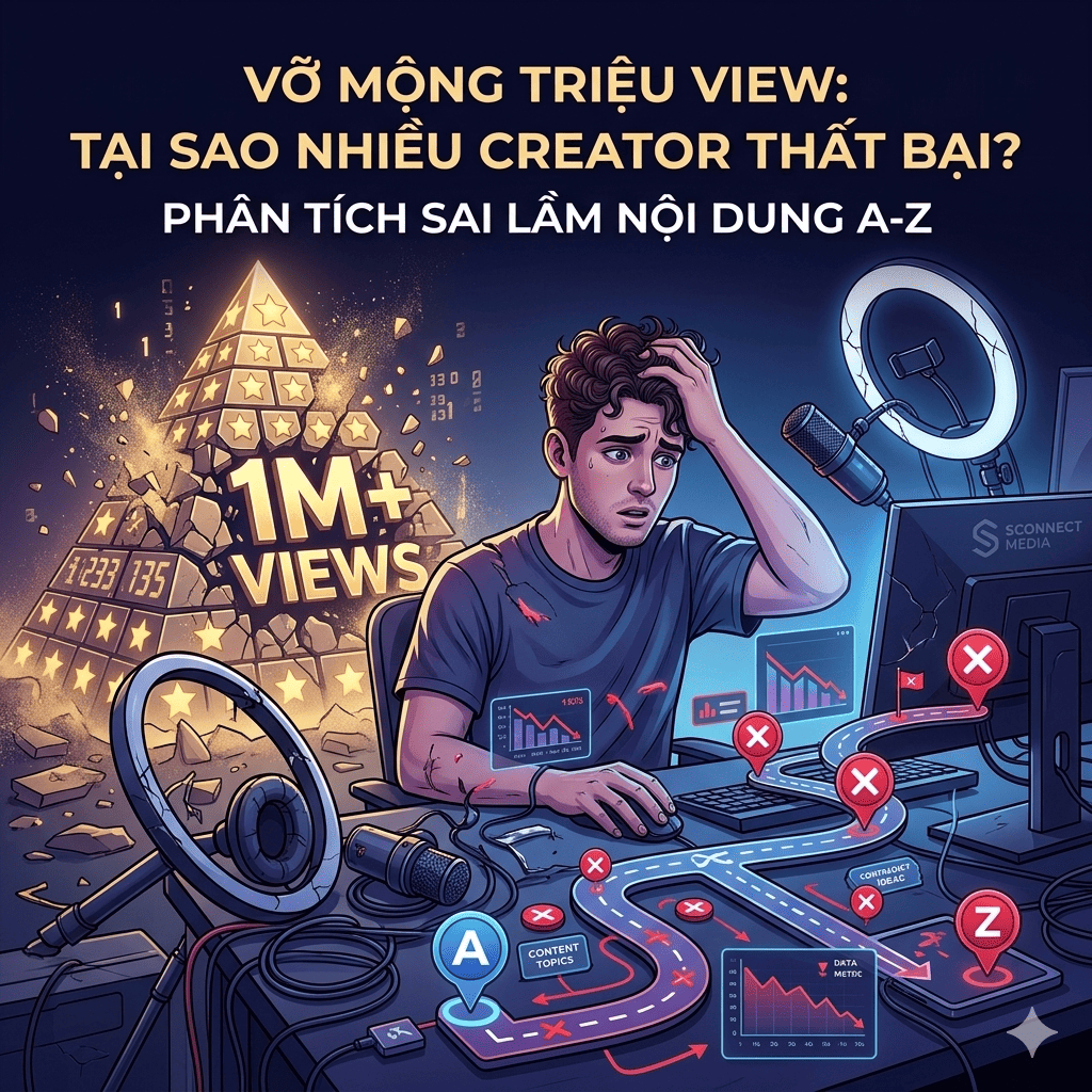 Hình ảnh chuẩn SEO 1:1 cho bài viết 'Vỡ Mộng Triệu View: Tại sao nhiều Creator thất bại? Phân tích sai lầm nội dung từ A-Z' của Sconnect Media, minh họa lộ trình nội dung bị lỗi và sự sụp đổ của ảo vọng triệu view.